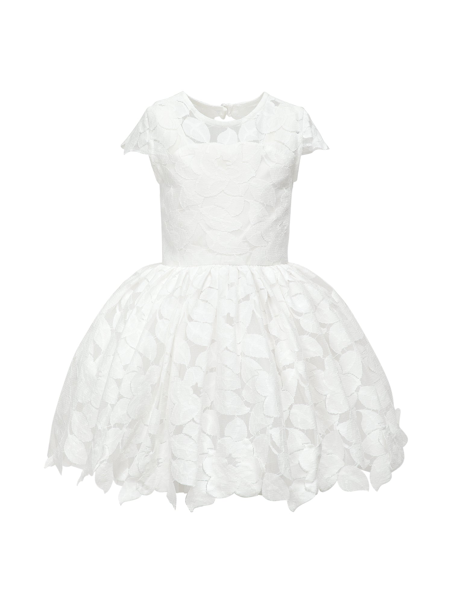 Flower girl dress in handcrafted cotton floral lace with keyhole back, pearl button, and full twirl-worthy skirt – perfect for weddings and special occasions
