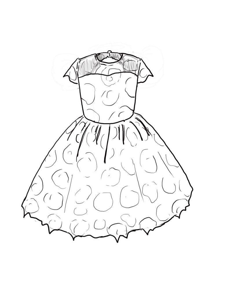 Line drawing of a floral lace dress with a keyhole back and pearly button closure for weddings and communions