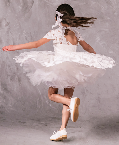 Lace tulle flower girl dress with keyhole back, pearl button, for weddings and communions