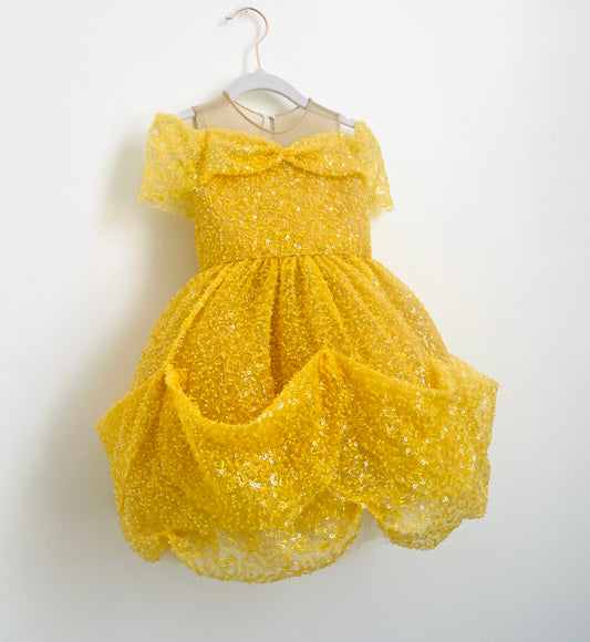 Kids Belle princess costume in gold with beaded bodice and off-shoulder mesh swags, inspired by Beauty and the Beast Disney Movie
