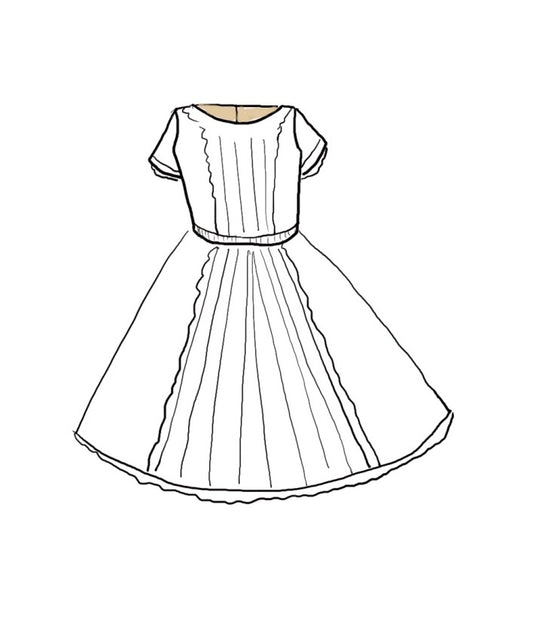 Illustration of a white cotton batiste flower girl dress with lace trims, short sleeves, and a knee-length skirt for summer garden wedding