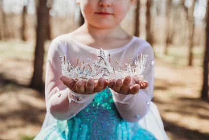 Child’s Elsa Frozen dress-up costume with sequin bodice, ombré skirt, and detachable floor-length cape. Princess Crown