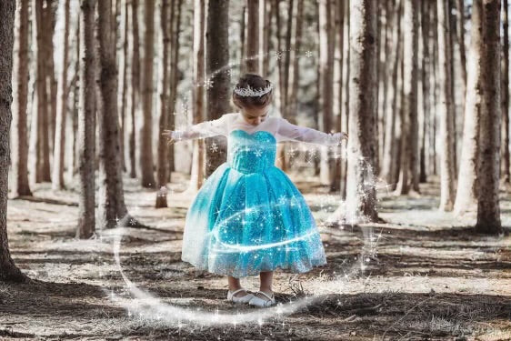Child’s Elsa Frozen dress-up costume with sequin bodice, ombré skirt, and detachable floor-length cape