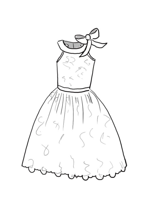 An ilustration of a children's party and flower girl dress with hand embroidered beading, a velvet ribbon waist, and a silk bow on the shoulder.