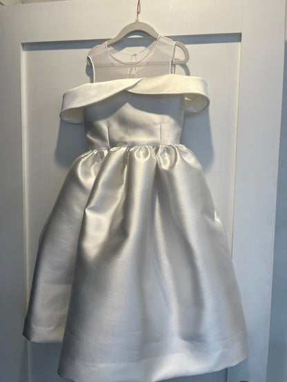 Off White dress with Off-the-shoulder wrapped neckline, ideal for junior bridesmaid, weddings and special occasions 