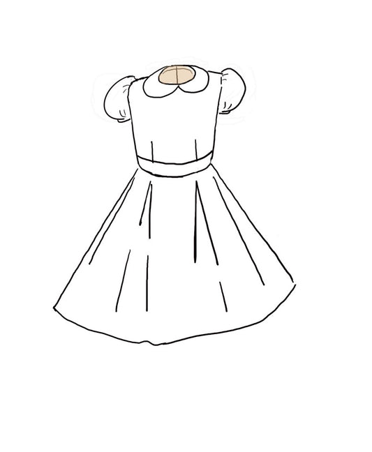 Illustration of a satin flower girl dress with puffed sleeves, a box pleated skirt, and a traditional peter-pan collar for fall-winter weddings and first communions