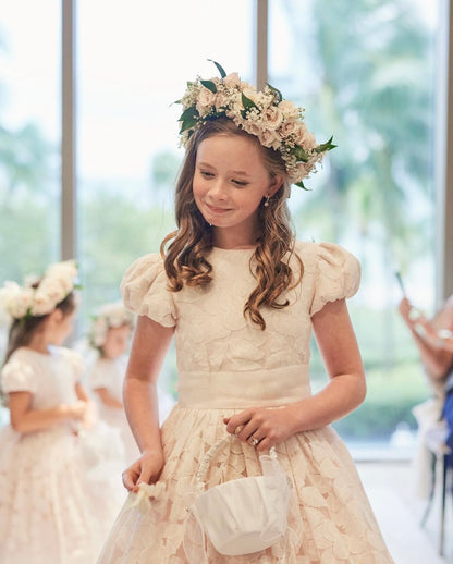 The Royal annabelle flower girl dress, lace dress, full lined bodice, puff sleeves and pearl buttons closure, perfect for weddings and royal celebrations