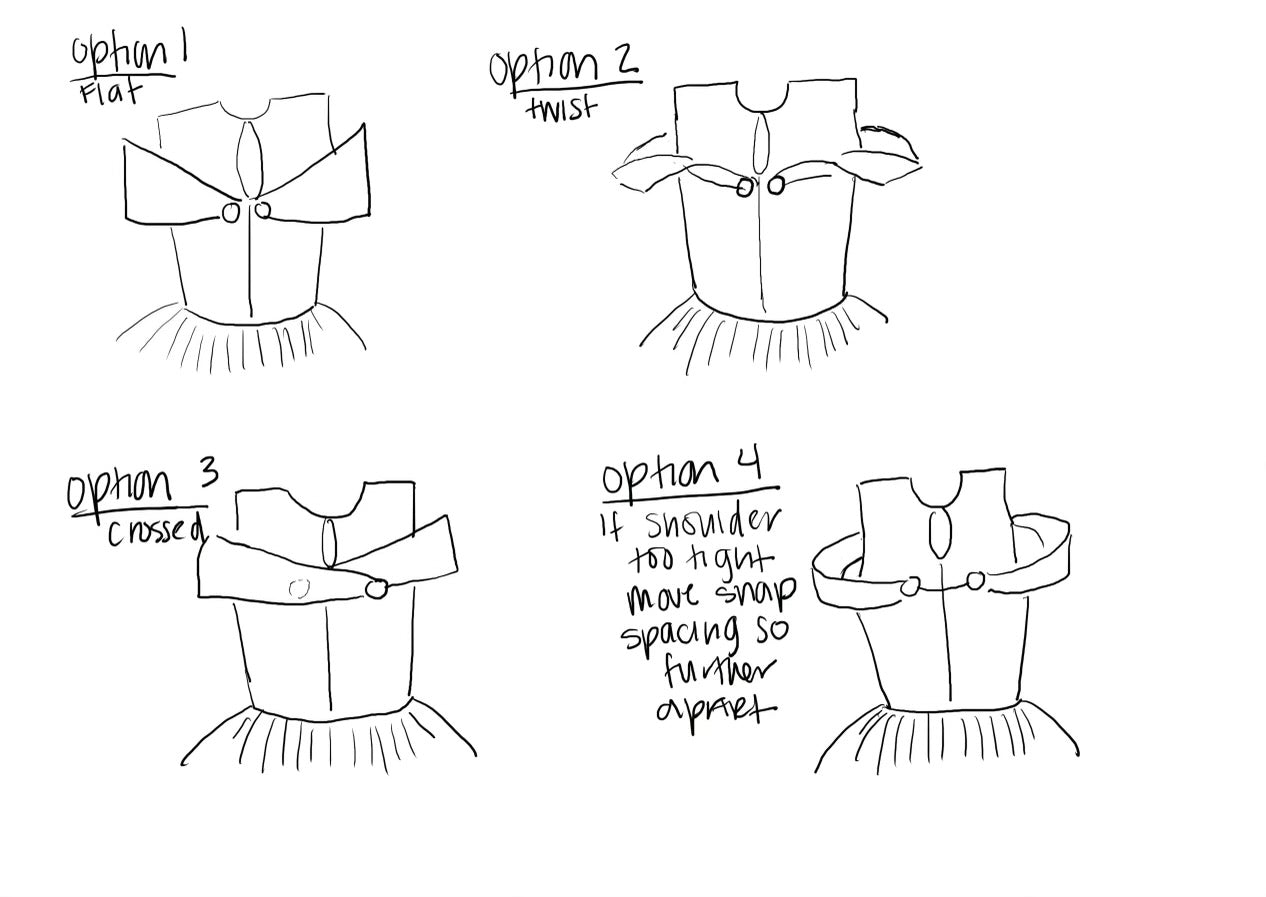 The belle princess costume has differents adjustable shoulder swags: flat, wist, crussed and movable 