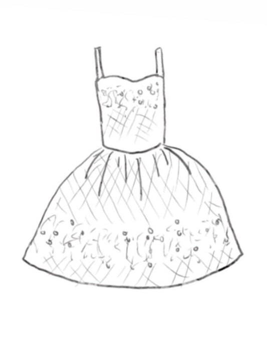 An ilustration of a sparkly confection dress with glittery paillettes and a plump petticoat.