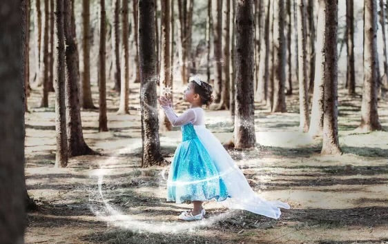 Child’s Elsa Frozen dress-up costume with sequin bodice, ombré skirt, and detachable floor-length cape