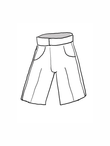 A simple line drawing of a pair of ring bearer shorts with a waistband and slip closure for suiting and black tie weddings