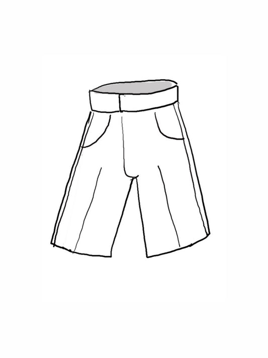 A simple line drawing of a pair of ring bearer shorts with a waistband and slip closure for suiting and black tie weddings
