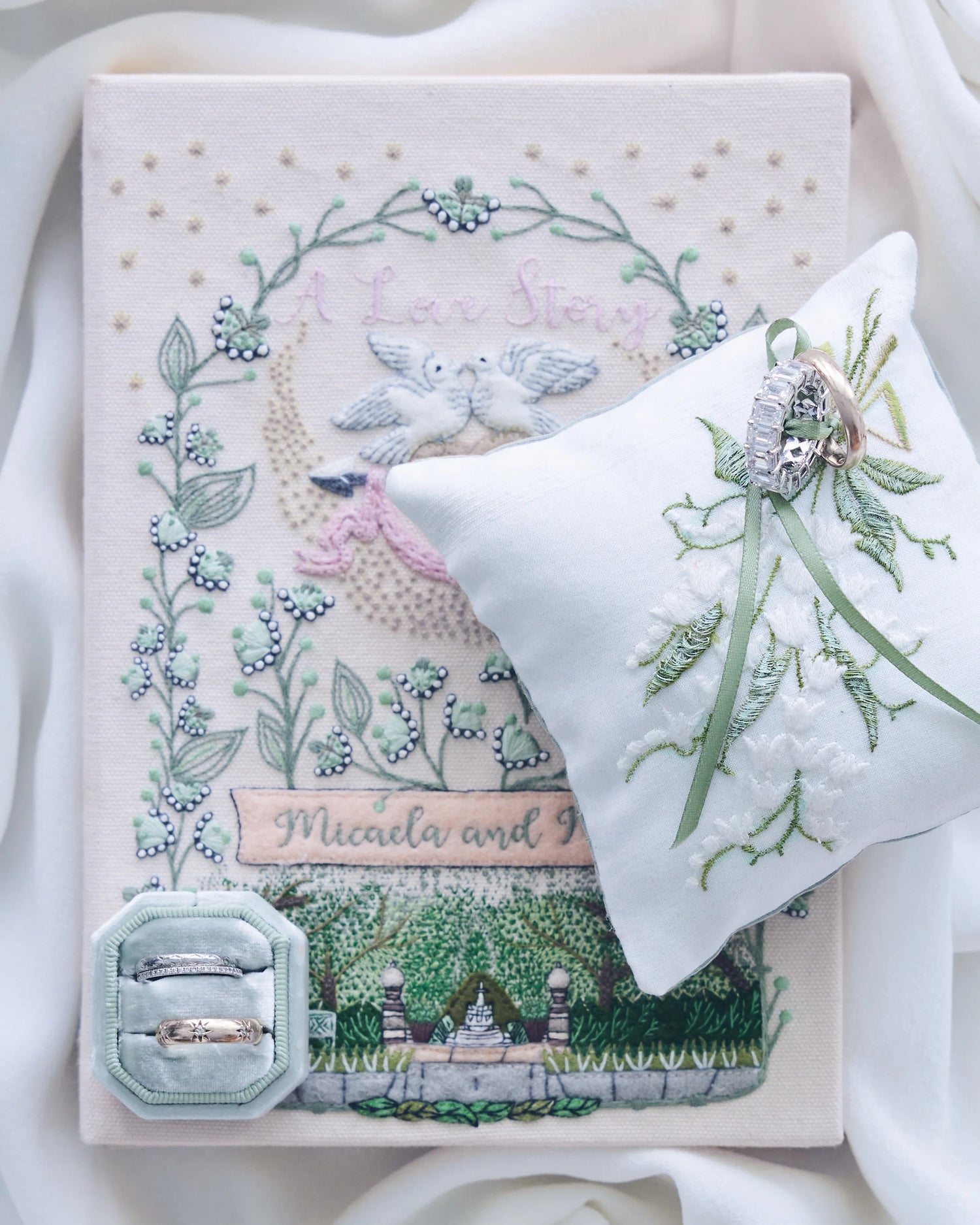 custom-made ring bear pillow, machine or hand-embroidered monograms