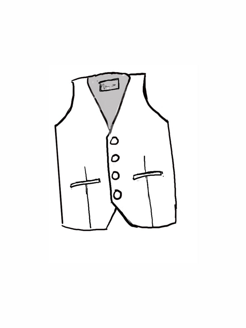 Illustration of a ring bearer waistcoat with four buttons and decorative epaulettes, intended for suiting and black ties weddings