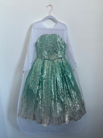 Child’s Elsa Frozen dress-up costume with sequin bodice, ombré skirt, and detachable floor-length cape