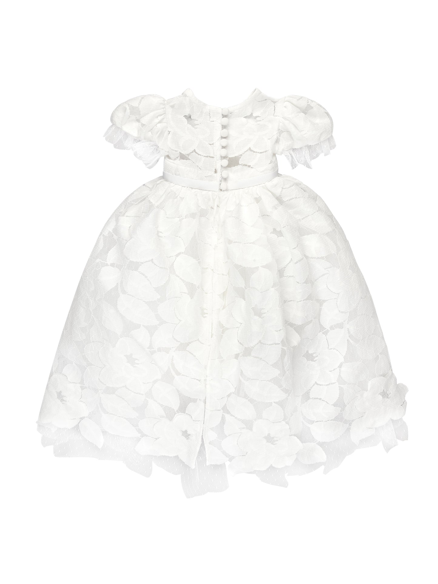 Doloris Petunia’s Baby Lace Ceremony Gown: hand‑cut floral cotton lace, point d’esprit edging, grosgrain bow at empire waist, button‑back closure, available in various skirt lengths, and paired with matching lace baby bonnet. Perfect for baptisms, christenings, and baby weddings.