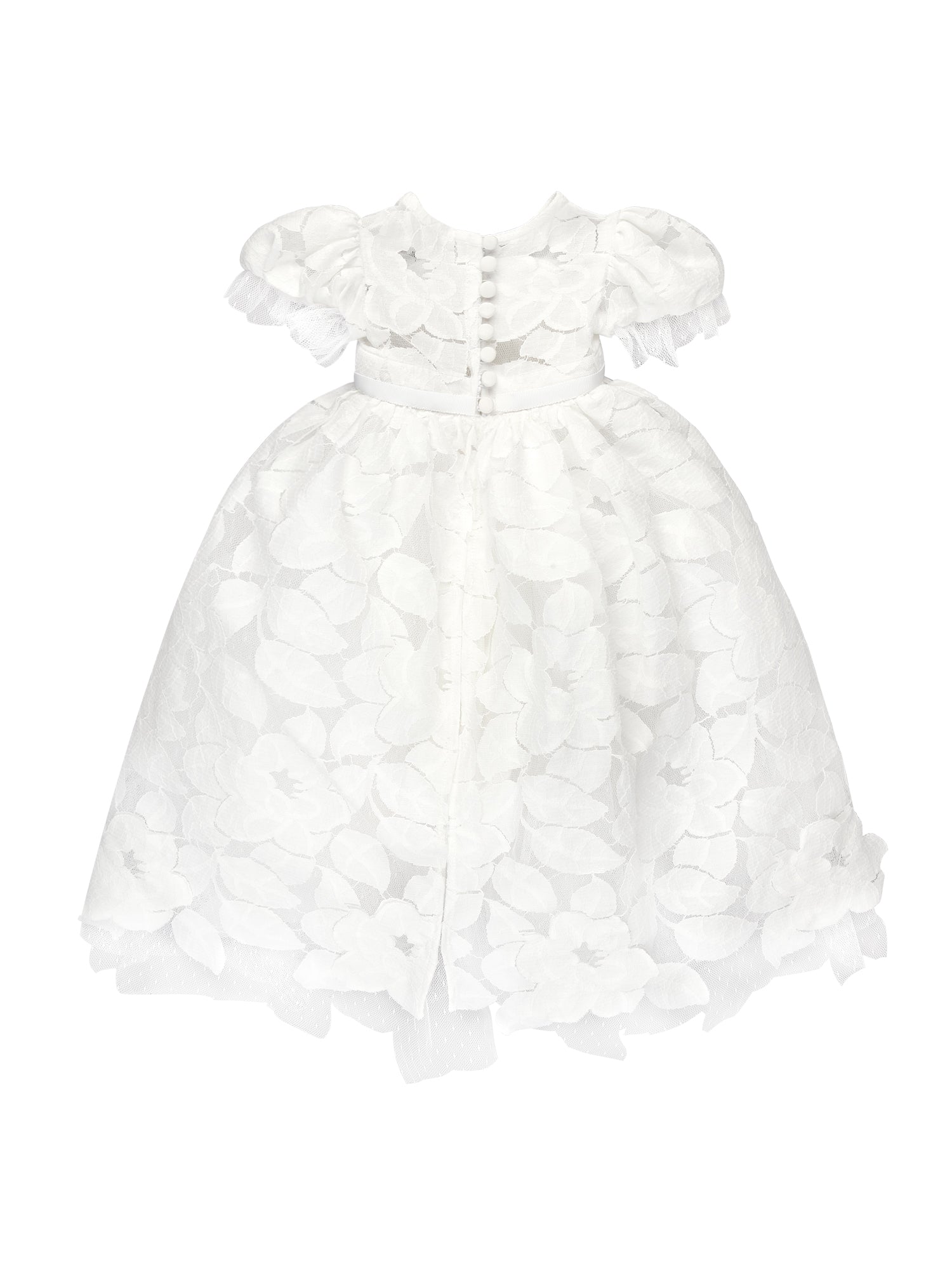 Doloris Petunia’s Baby Lace Ceremony Gown: hand‑cut floral cotton lace, point d’esprit edging, grosgrain bow at empire waist, button‑back closure, available in various skirt lengths, and paired with matching lace baby bonnet. Perfect for baptisms, christenings, and baby weddings.
