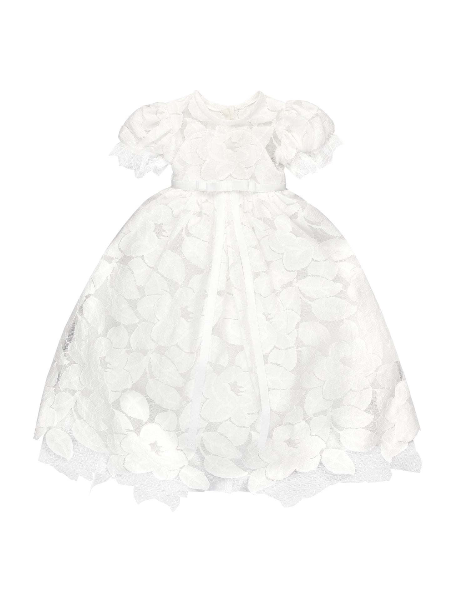 Doloris Petunia’s Baby Lace Ceremony Gown: hand‑cut floral cotton lace, point d’esprit edging, grosgrain bow at empire waist, button‑back closure, available in various skirt lengths, and paired with matching lace baby bonnet. Perfect for baptisms, christenings, and baby weddings.