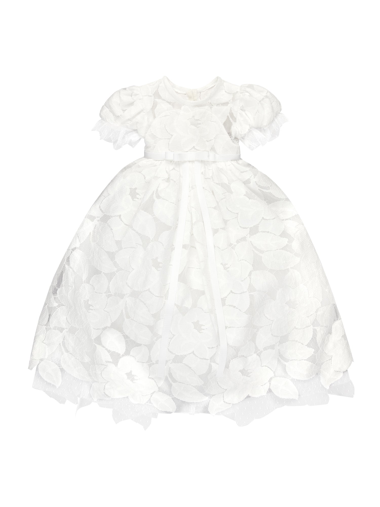 Doloris Petunia’s Baby Lace Ceremony Gown: hand‑cut floral cotton lace, point d’esprit edging, grosgrain bow at empire waist, button‑back closure, available in various skirt lengths, and paired with matching lace baby bonnet. Perfect for baptisms, christenings, and baby weddings.