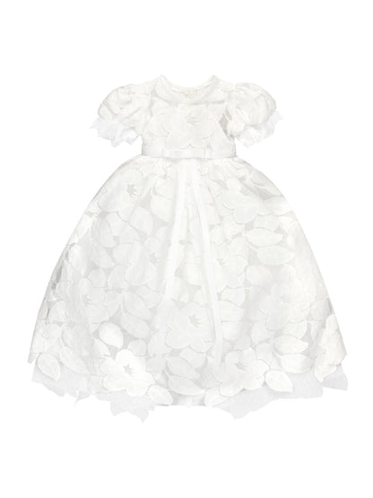 Doloris Petunia’s Baby Lace Ceremony Gown: hand‑cut floral cotton lace, point d’esprit edging, grosgrain bow at empire waist, button‑back closure, available in various skirt lengths, and paired with matching lace baby bonnet. Perfect for baptisms, christenings, and baby weddings.