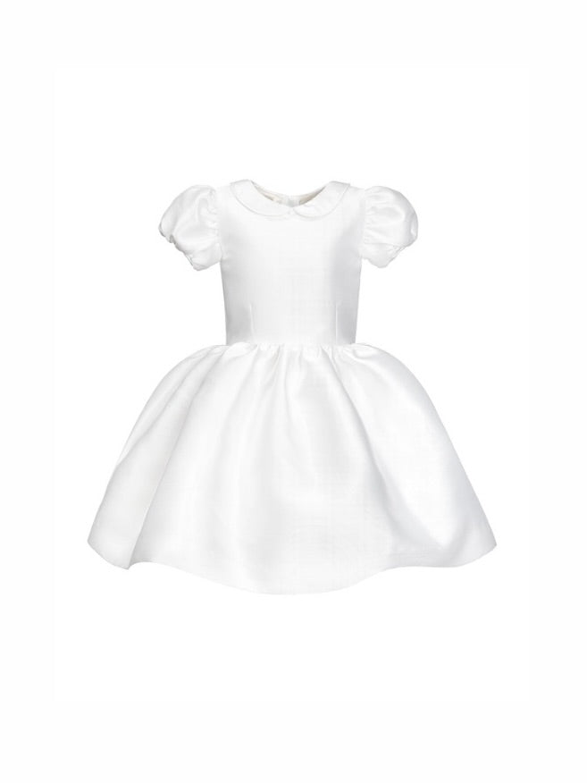The Baby Rachel VIP satin baby flower girl dress with peter pan collar and pleated skirt – perfect for weddings and formal events.