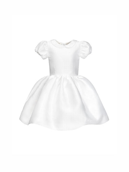 The Baby Rachel VIP satin baby flower girl dress with peter pan collar and pleated skirt – perfect for weddings and formal events.