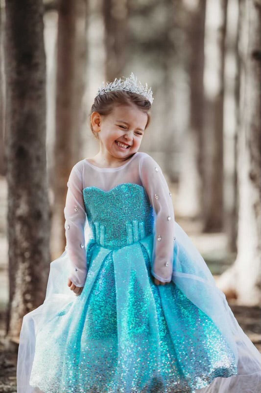 Child’s Elsa Frozen dress-up costume with sequin bodice, ombré skirt, and detachable floor-length cape