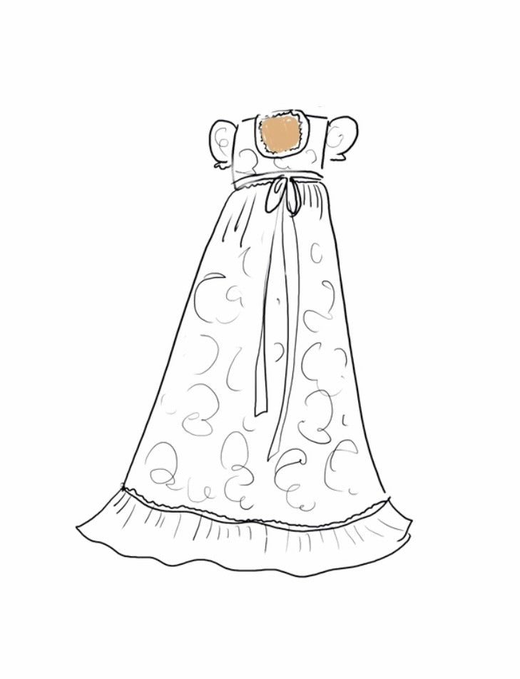 Ilustration for the Emma, lace flower girl dress, for a bohemian and royal wedding. 