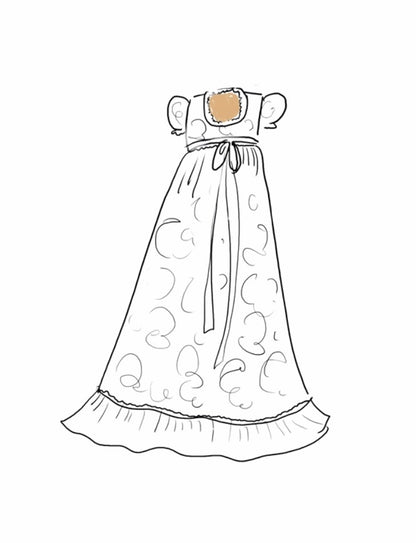 Ilustration for the Emma, lace flower girl dress, for a bohemian and royal wedding. 