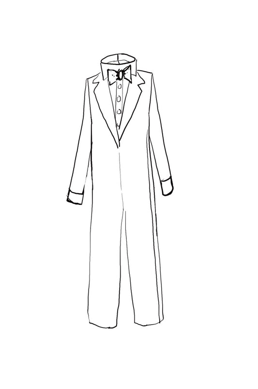 A black and white illustration of a tuxedo-inspired onesie with velvet material, satin lapels, and a bow tie, for black tie and church weddings