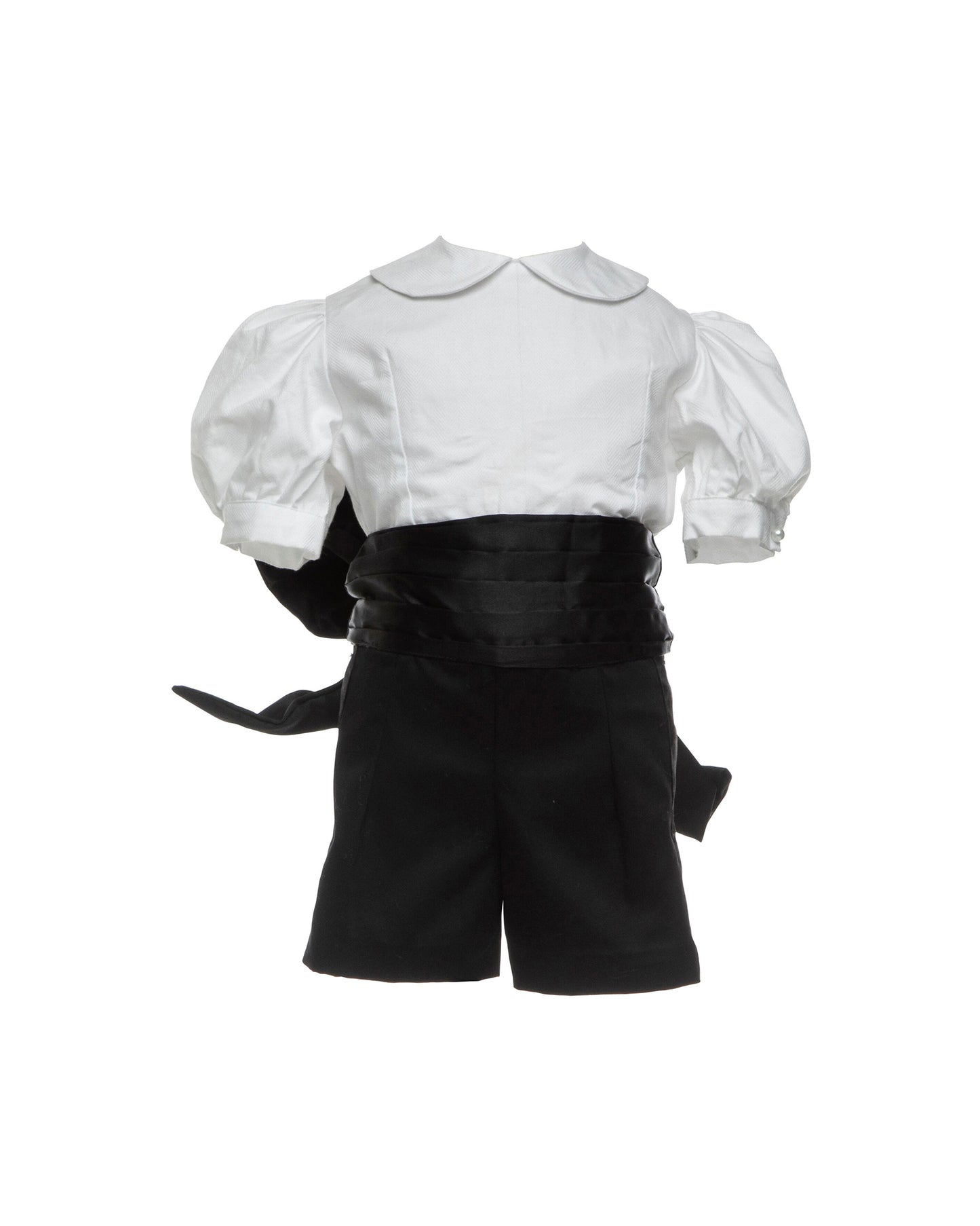 tuxedo inspired flower girl outfit with shorts for formal wedding