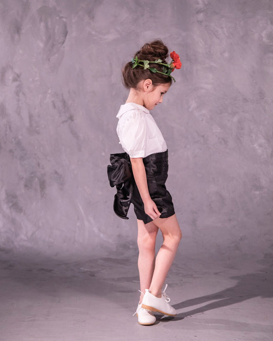 tuxedo inspired flower girl outfit with shorts for formal wedding