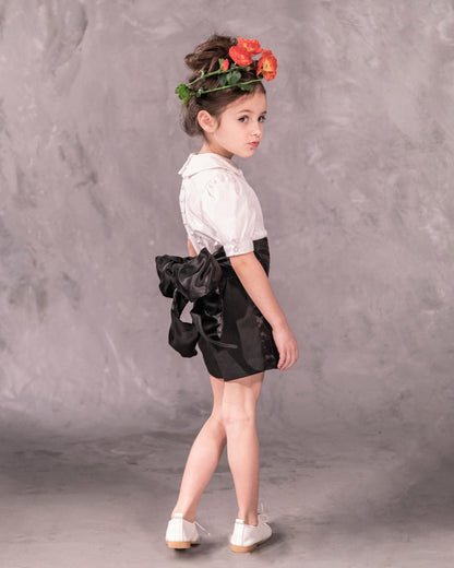 tuxedo inspired flower girl outfit with shorts for formal wedding