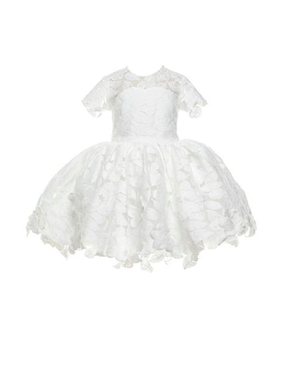 The Baby Annabelle – handcrafted cotton floral lace baby dress with a keyhole back and pearly button closure. Features a full twirl-worthy skirt, silky soft lining, and personalized embroidery. Perfect for first special occasions, weddings, communions, and celebrations