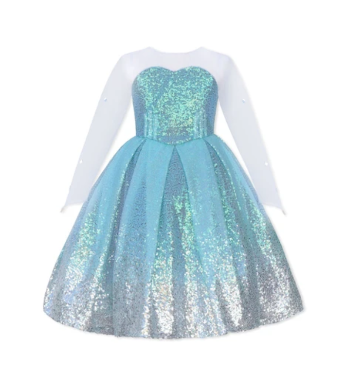 Child’s Elsa Frozen dress-up costume with sequin bodice, ombré skirt, and detachable floor-length cape. 