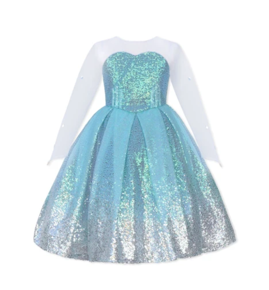 Child’s Elsa Frozen dress-up costume with sequin bodice, ombré skirt, and detachable floor-length cape. 
