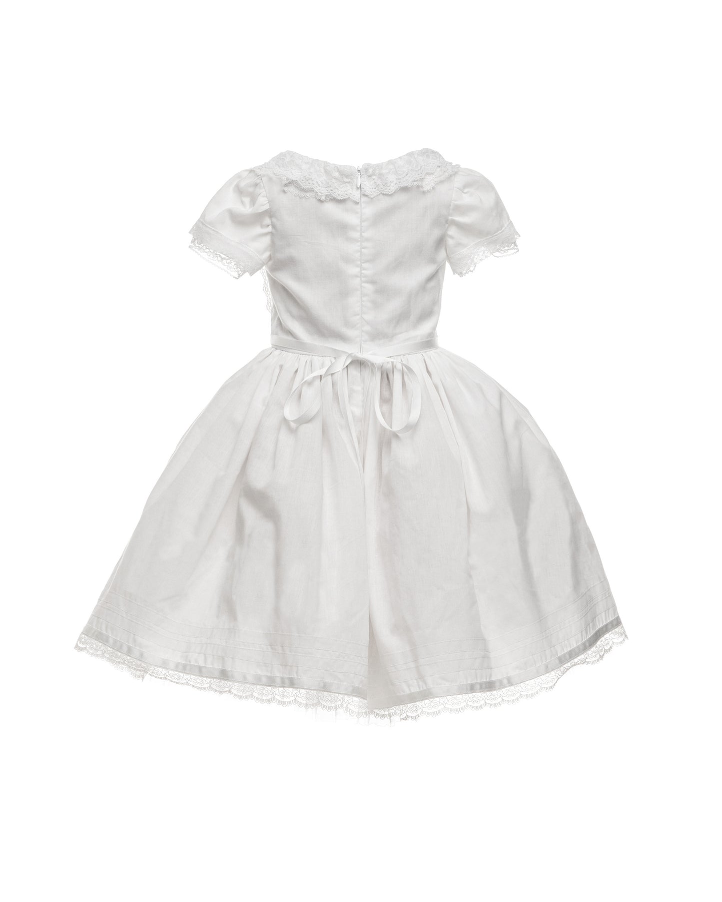 white cotton batiste flower girl dress with lace trims, short sleeves, and a knee-length skirt for summer garden wedding