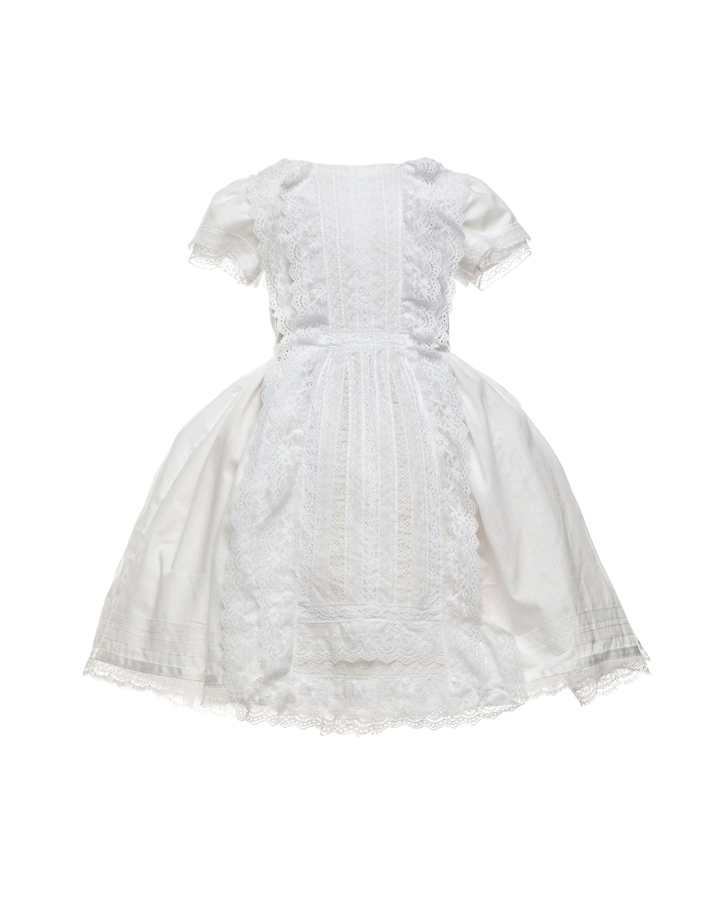 white cotton batiste flower girl dress with lace trims, short sleeves, and a knee-length skirt for summer garden wedding