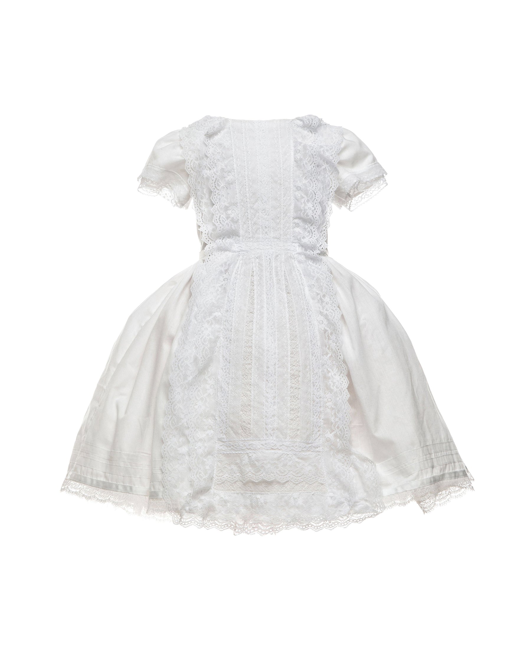 white cotton batiste flower girl dress with lace trims, short sleeves, and a knee-length skirt for summer garden wedding