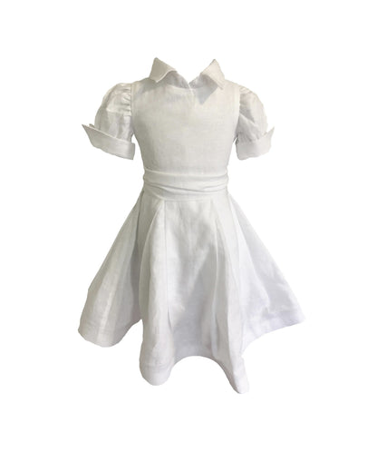 The Easton linen flower girl and communion dress with tailored collar and sleeves – refined and elegant for special occasions.

