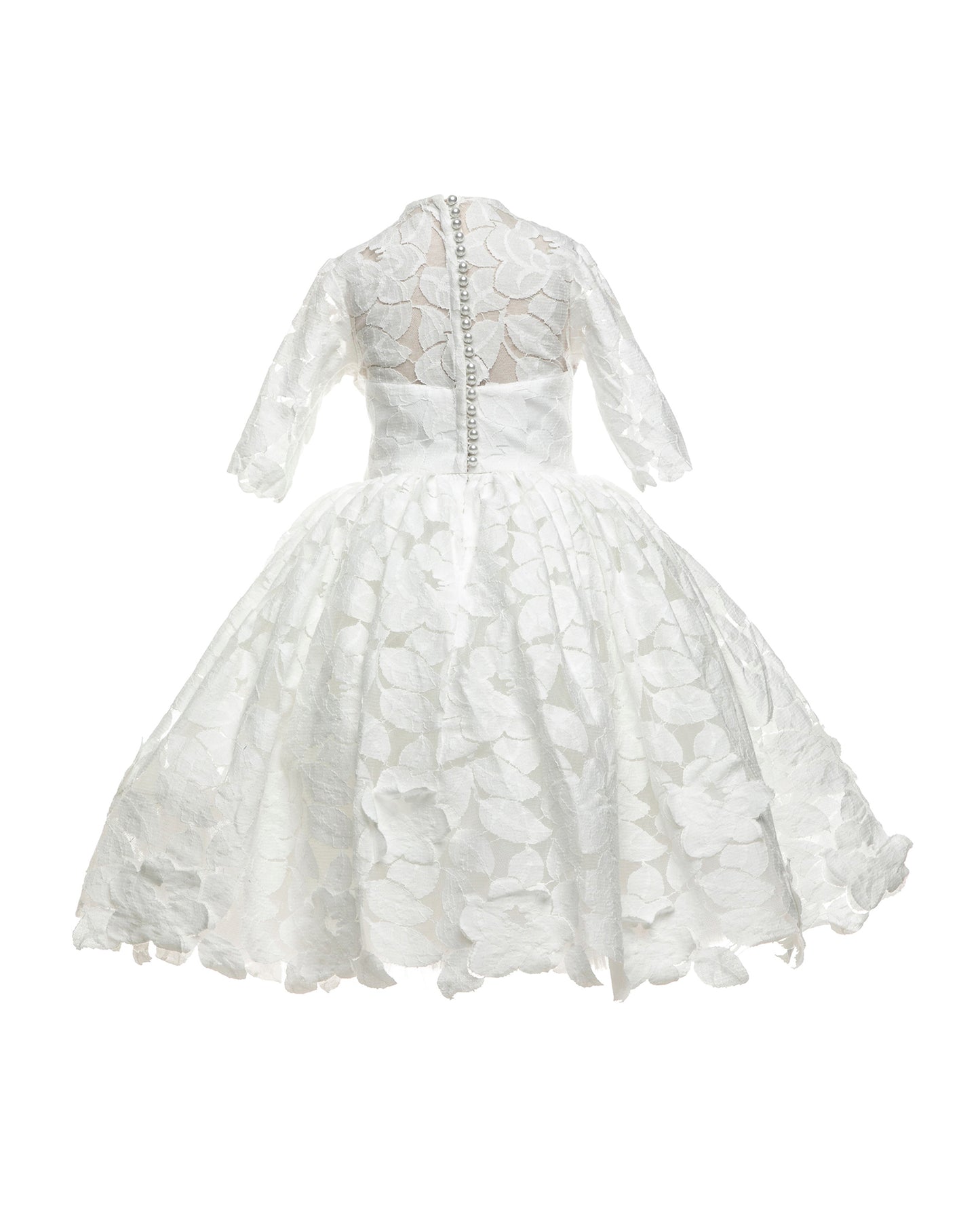 The Isabelle lace flower girl dress with 3/4 long sleeves, tea-length skirt, and pearl button back – ideal for communion and special occasions.