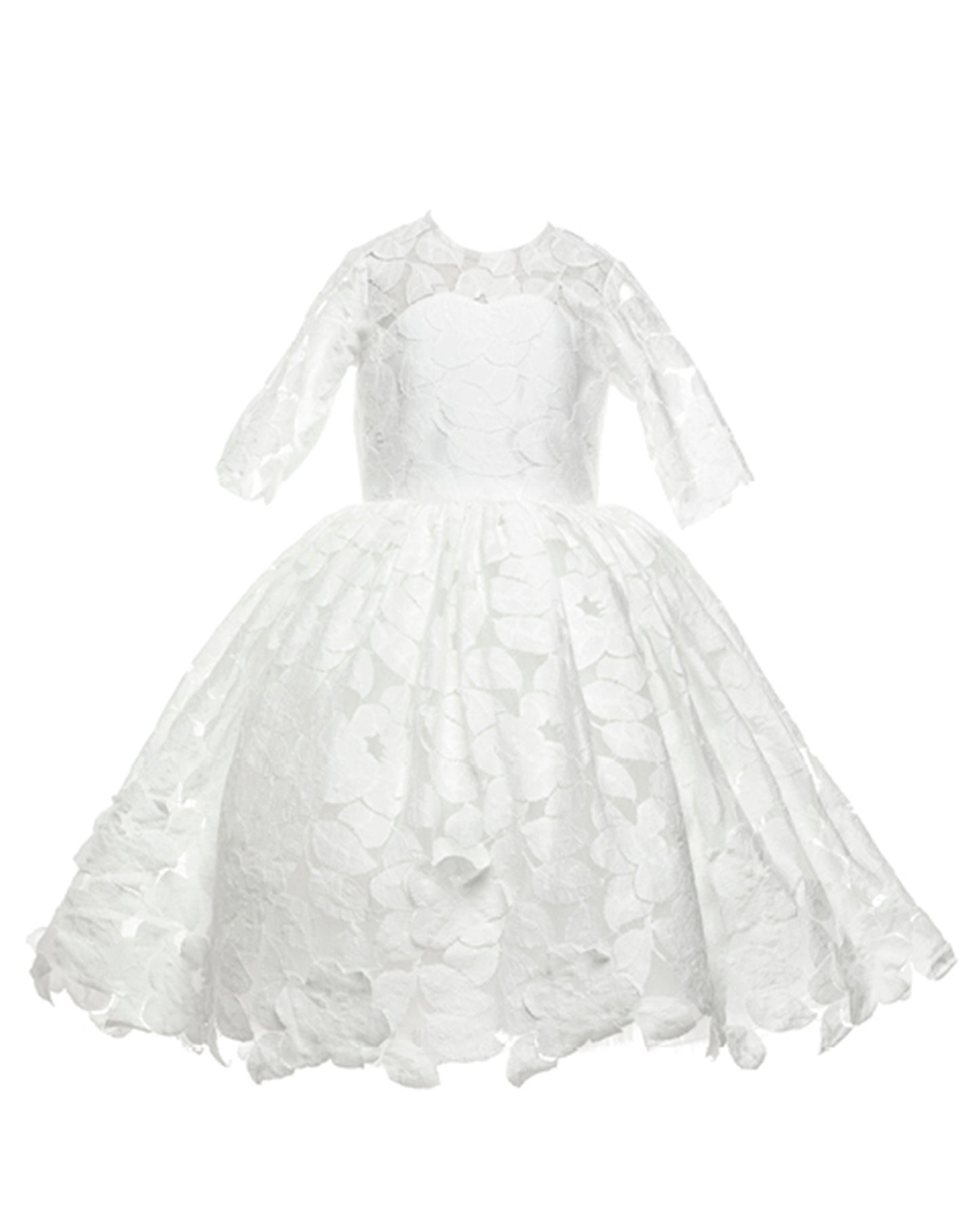 The Isabelle lace flower girl dress with 3/4 long sleeves, tea-length skirt, and pearl button back – ideal for communion and special occasions.