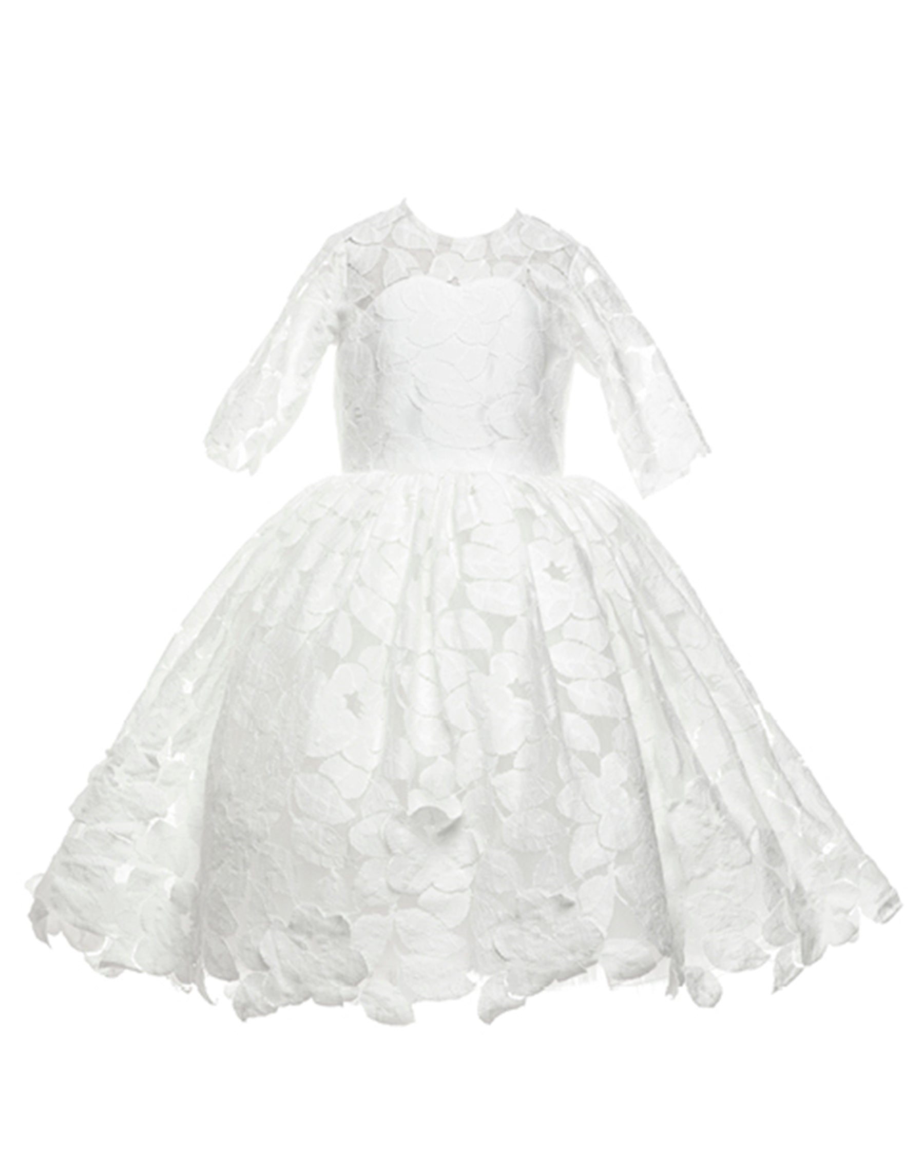 The Isabelle lace flower girl dress with 3/4 long sleeves, tea-length skirt, and pearl button back – ideal for communion and special occasions.