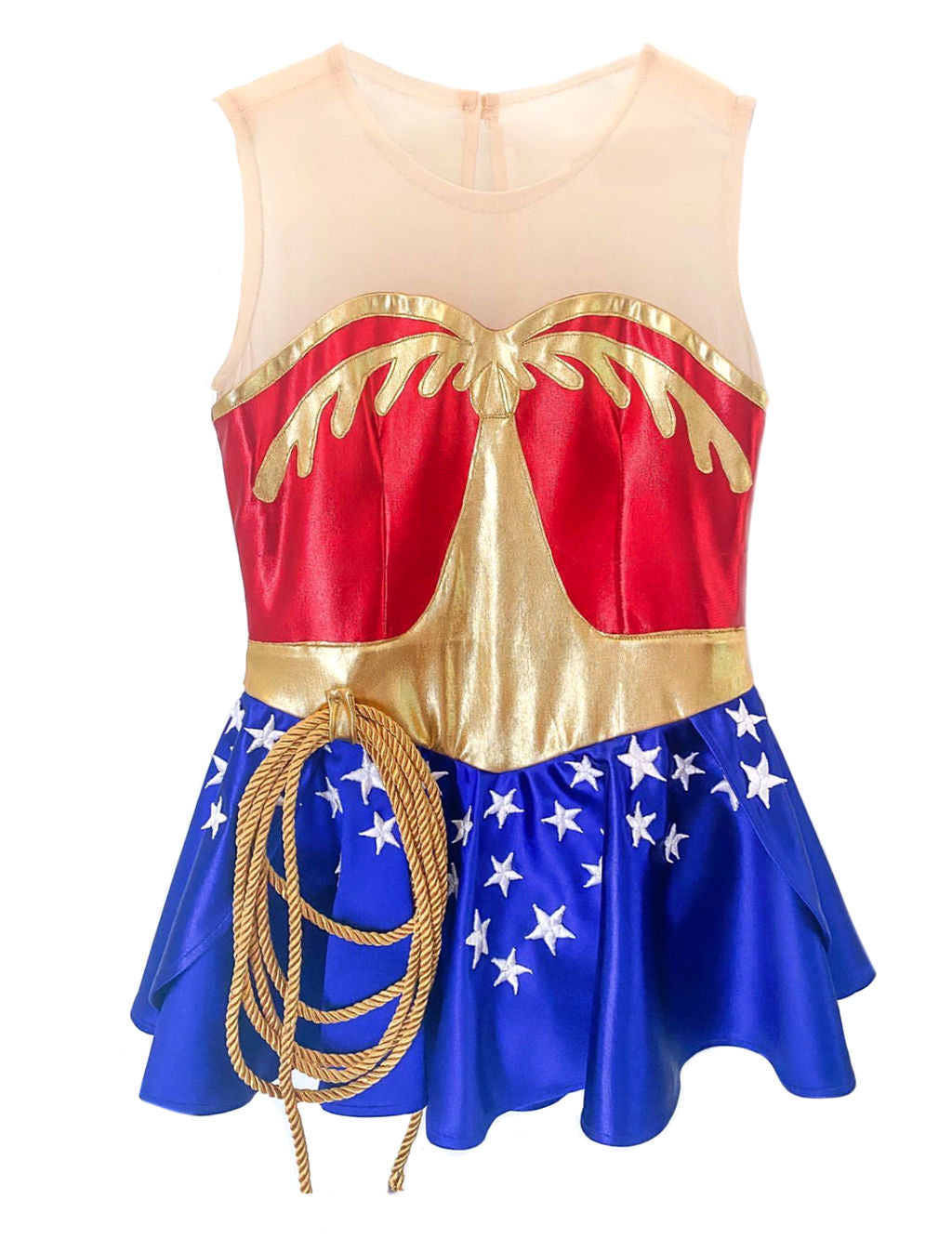 Vintage Wonder Woman costume for kids with red spandex bodice, starry skirt, crown, cuffs, and golden Lasso of Truth – perfect for birthdays, Halloween, and dress-up play.