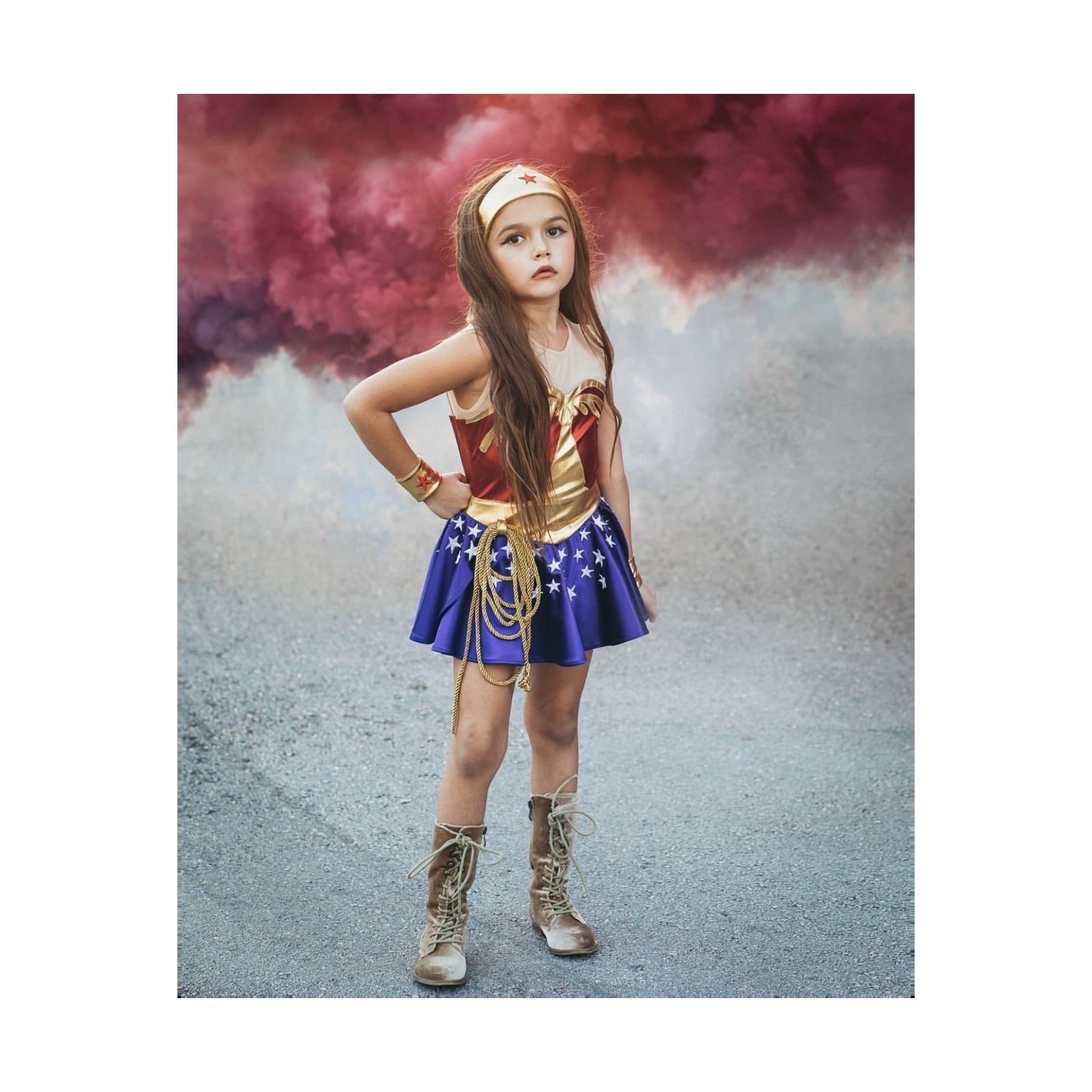 Vintage Wonder Woman costume for kids with red spandex bodice, starry skirt, crown, cuffs, and golden Lasso of Truth – perfect for birthdays, Halloween, and dress-up play.

