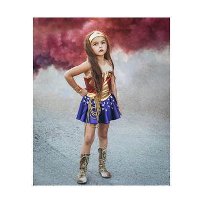 Vintage Wonder Woman costume for kids with red spandex bodice, starry skirt, crown, cuffs, and golden Lasso of Truth – perfect for birthdays, Halloween, and dress-up play.

